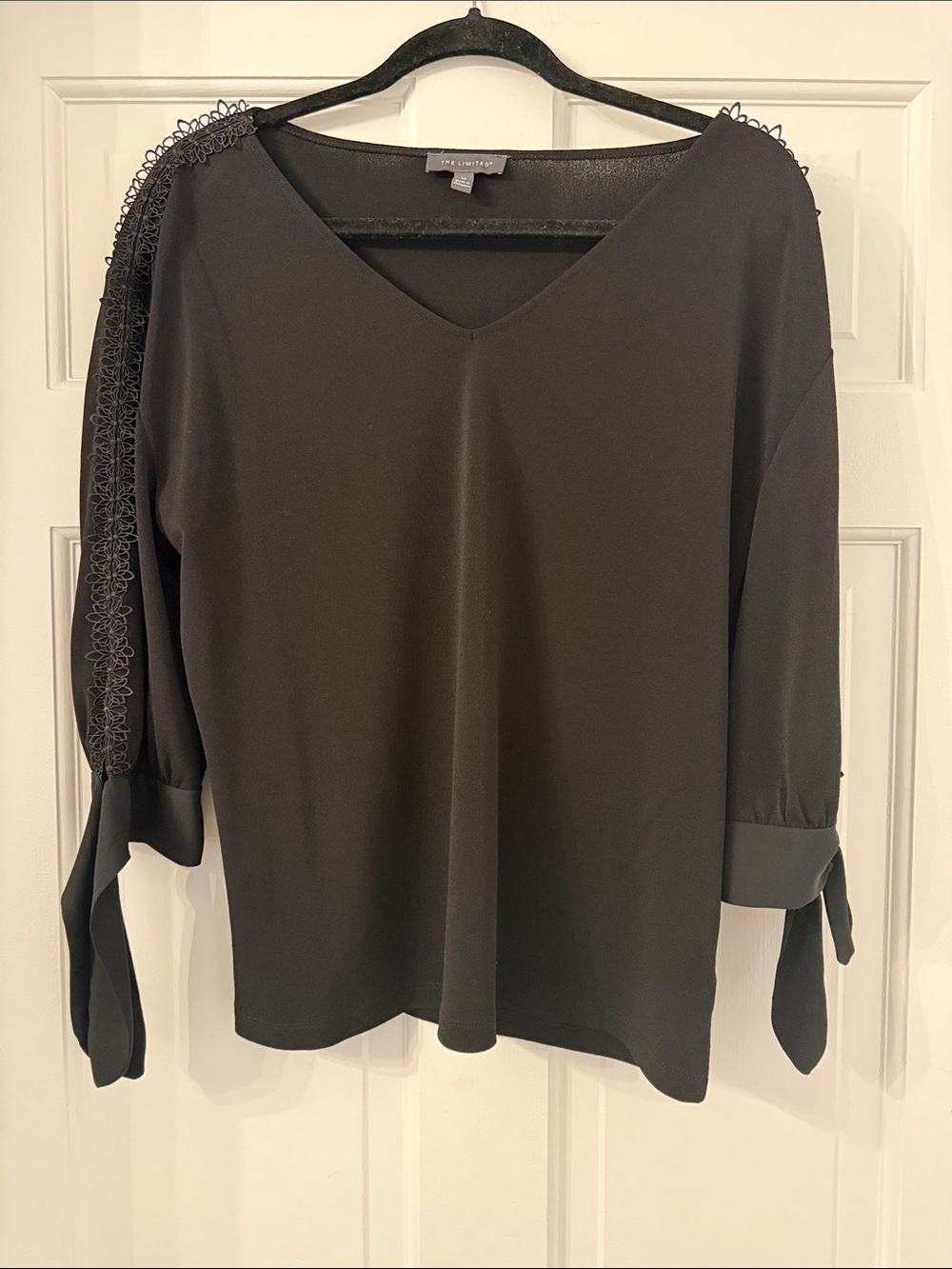 The Limited Black V-Neck Blouse with Flower Lace-Trim Shoulders and Tie Sleeves